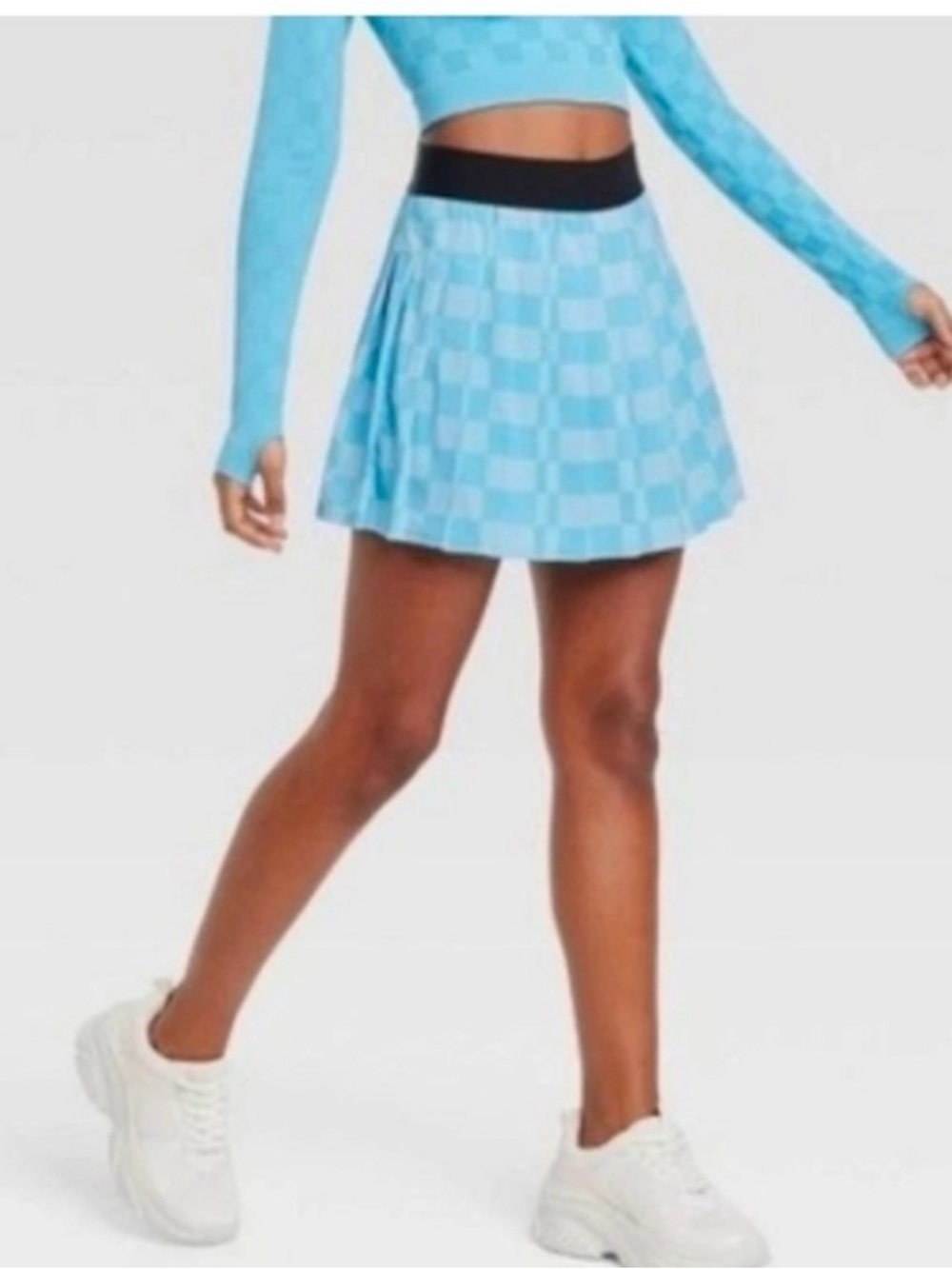 JoyLab Light Blue Check Pleated Mini Skirt with Black Waistband